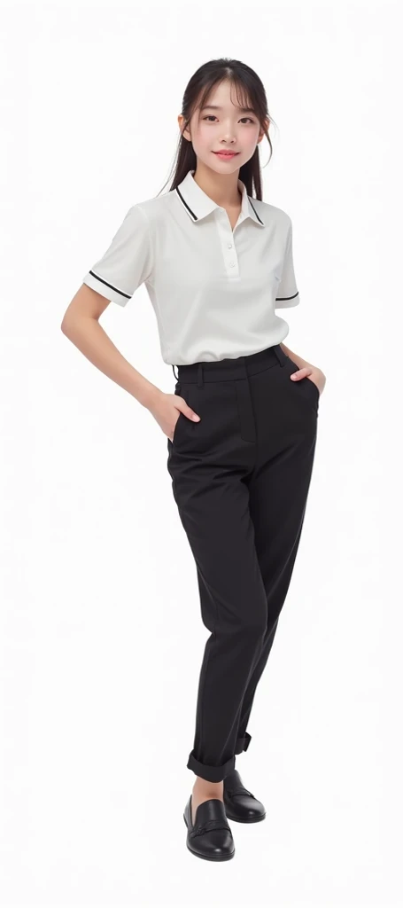 White polo-T-shirt collar neck, short sleeve, black sport trouser, real people, black shoes, Asian teenager, natural beautiful girl without makeup 
