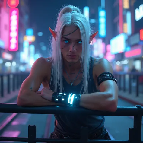 A photograph of a man with very long white hair, pointed elf ears, and vibrant blue eyes. His hair is pulled back into a ponytail. He wears a tank top and simple pants with futuristic neon elements. He wears armbands and bracelets with futuristic neon elem...