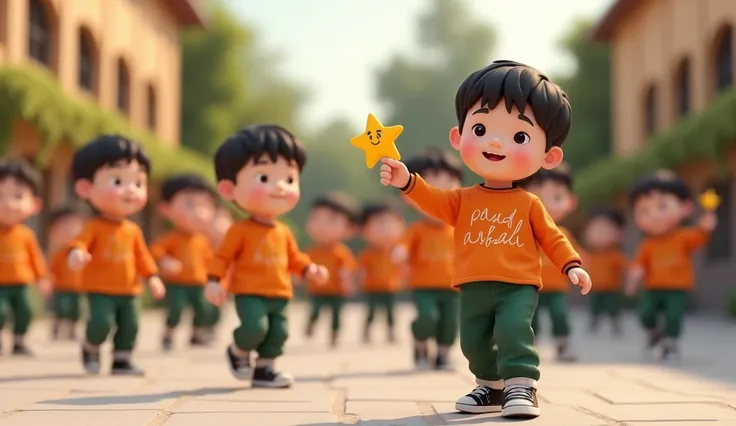 in the 3D animation image, neat rows of kindergarten ren, wearing orange long-sleeved T-shirts with the words "PAUD Abadi" on the front, dark green trousers, and black sneakers. The style is 3D animation with a pastel color palette, creating a soft and che...