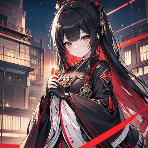  1 Japanese girl , warframe,  Intricate Pattern , heavy metal,  Energy Line , Faceless, Sparkling Eyes,  elegant , intense,  blood-red black uniform, Alone, 【Contemporary, city, That&#39;s right., Dark Clouds,  Thunderstorm , Heavy Rain,,  dramatic lightin...