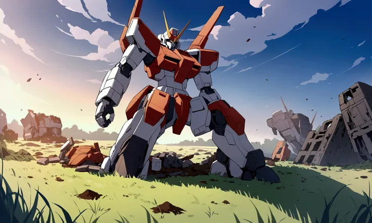 Abandoned, destroyed, mecha are relics of a gundam battle. these remains litter an ideal pasture, covered partly with soil and grasses. rusted mecha knocked to the ground in pieces
