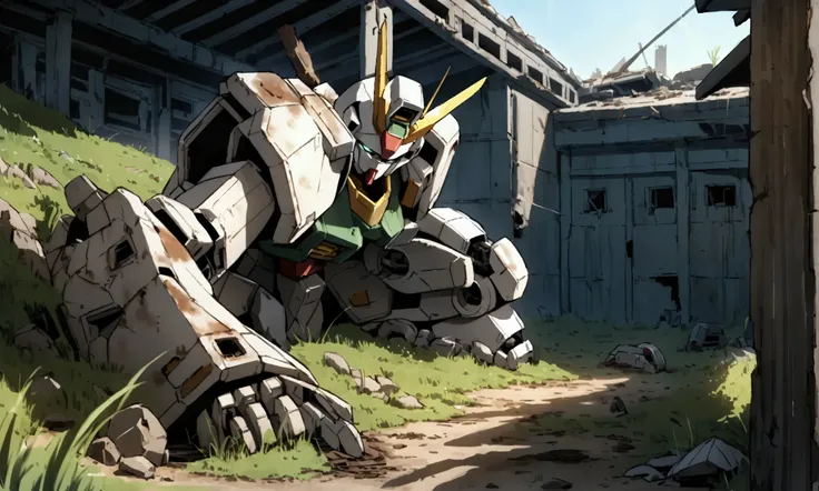 Abandoned, destroyed, mecha are relics of a gundam battle. these remains litter an ideal pasture, covered partly with soil and grasses. rusted mecha knocked to the ground in pieces
