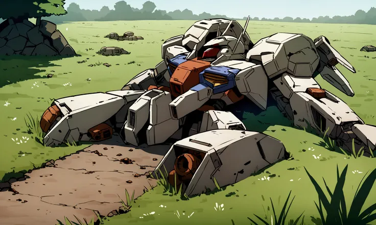 Abandoned, destroyed, mecha are relics of a gundam battle. these remains litter an ideal pasture, covered partly with soil and grasses. rusted mecha knocked to the ground in pieces
