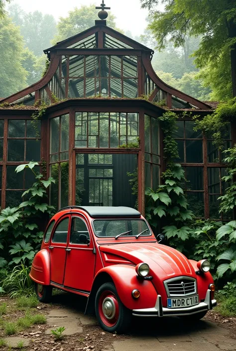 Au second plan je voudrai une vieille serre en fer avec beaucoup de vitres en ruine avec des plantes exotiques a lintérieur et à lextérieur.
Au premier plan je voudrais une vieilles 2cv rouge à lextérieur devant la serre