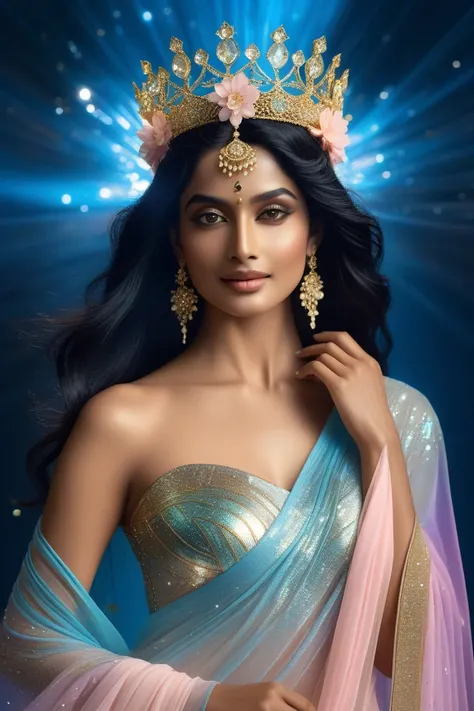 A strikingly unique and bold full-body portrayal of Radha reimagined in a modern yet divine aesthetic. She has radiant, golden-white glowing skin that seems almost ethereal, paired with long, flowing obsidian-black hair that cascades like liquid silk. Her ...