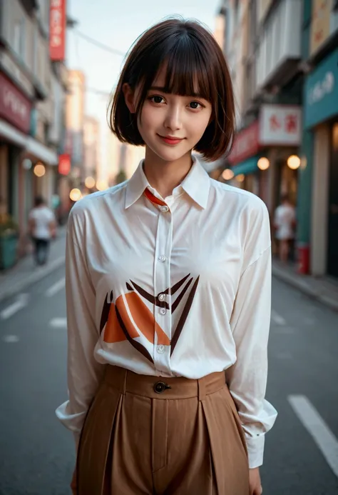 score 9, score 8_up, score 7_up, score real, beautiful face woman, Accurate limb expression、　Smiling gently、((brown short hair, blunt bangs)), amazing hourglass figure, white collared long sleeve shirt), ((untucked shirt)), perfect figure, city at night, (...