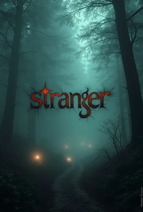  "Generate a surreal and mysterious image featuring the word Stranger in a distorted font, set against a shadowy forest backdrop with swirling fog and faint, ghostly lights."