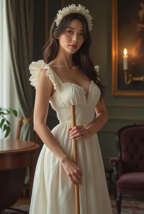 A maid courtesan with a fairly soft modern cleaning dress and with a mop 