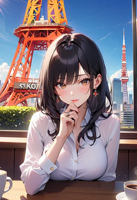 masterpiece,best quality,ultra detailed,high resolution,16k, beautiful,   1 girl,  black long hair by lla,Business shirts、 earrings for a woman alone, Outdoor、Married Woman,sunlight、Clear skies、Cafes in Tokyo、Skyscrapers in the background、 Tokyo tower 、bew...