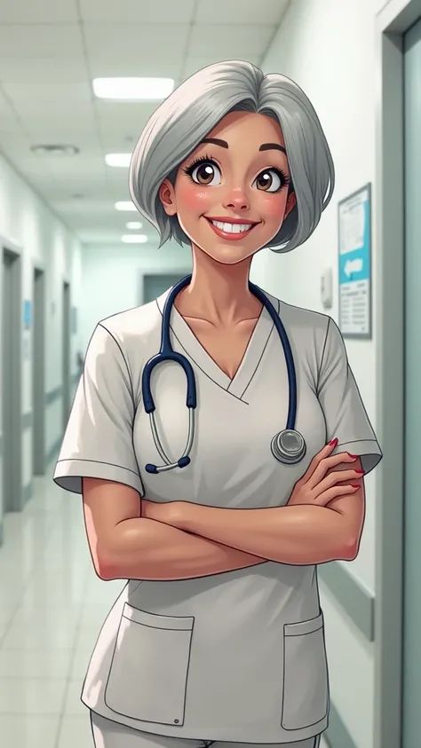 Cartoon woman nurse in a hospital, big smile, very short gray hair