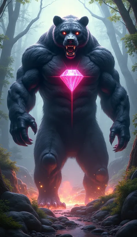 "Design a hybrid creature that combines the features of Black Panther, a grizzly bear, and a colorful diamond. The creature should have the sleek agility and armor-like vibranium of Black Panther fused with the massive, muscular body and claws of the grizz...