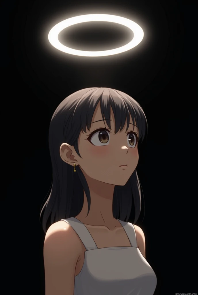 The image shows a girl in a dark environment ,  with a bright halo of light just above her head .  She is looking up with a thoughtful or contemplative expression Active.  Her hair is dark medium size with thin fringe and has a slight sheen. She wears a li...