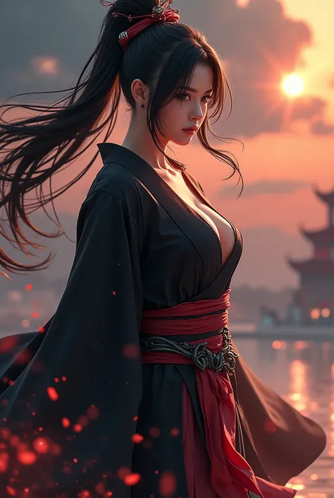  High image quality  , masterpiece,   extremely detailed (  Subtle Light and Shadow  , Extremely Dramatic Pictures    ,) , Japanese female monk、  Japanese goddess  、 Big Breasts 、Muscular    、Kurikara sword 、 Wear ceremonial items    、Hero of Justice、   fe...