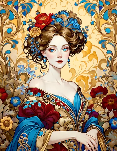 Create a portrait of a beautiful woman in a stylized, art nouveau-inspired design. She has pale fair skin, bright blue eyes, and softly flushed cheeks. Her hair is styled in an elegant updo adorned with vibrant, detailed flowers in shades of red, yellow, a...