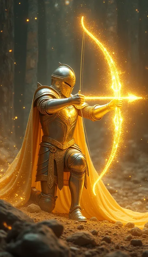 Imagine an imposing knight, with gold and silver armor, that shines with an unearthly light. His posture is dignified and imposing, but there is an eerie calm in his countenance.  He is on his knees , with one foot forward, as if preparing the final move, ...