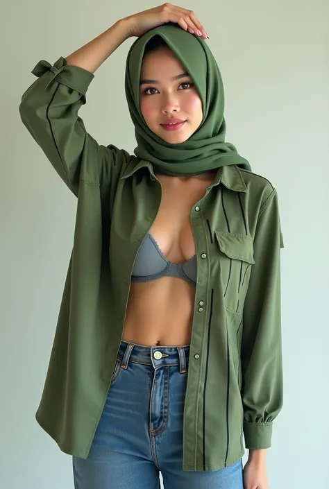 A thin hijab girl, wearing green pistachio hijab, an army green color shirt with horizontal vertical black line, unbutton shirt, grey small size bra, flat stomach, pretty bellybutton, low waist blue skinny jeans, maroon and white nike air max shoe, hand ab...