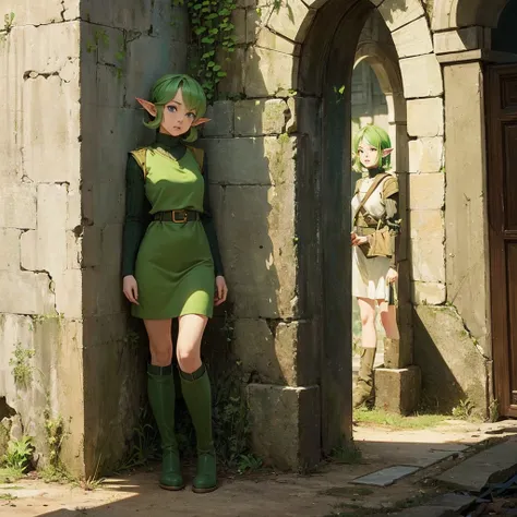 saria (the legend of zelda), blue eyes, short curly green hair, long pointy elf ears, shes in a dream fantasy, shes looking around a corner wall looking at a couple soldiers in green armor