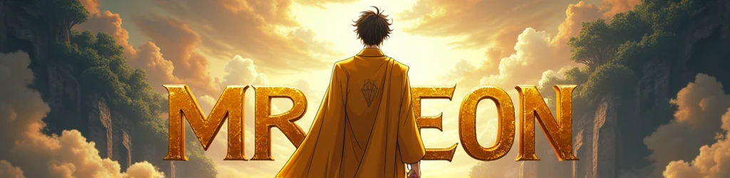 "MrCeon" font, text, adventure anime character, stand writed font, font at land in center of image, "MrCeon" animation font, legend anime character, with yellow dress, male characters, 