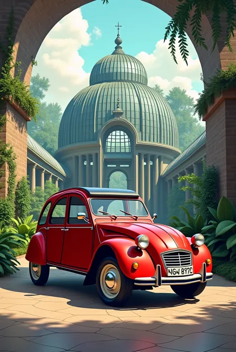 Je voudrais une image avec :
Au loin une grande serre en verre avec des plantes exotiques 
Une 2cv rouge devant au premier plan