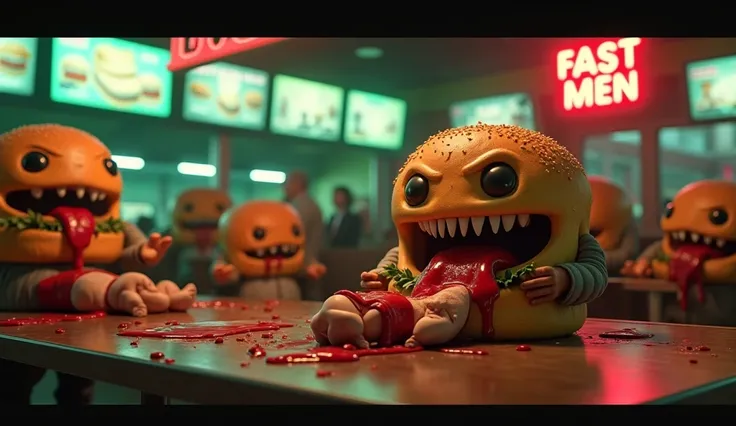 A surreal and slightly eerie 3D-style scene set in a futuristic fast-food restaurant named Fast-men, where anthropomorphic burgers feast on humans. The interior is dark and moody, with glowing neon signs casting ominous red and green hues. Burgers with exp...