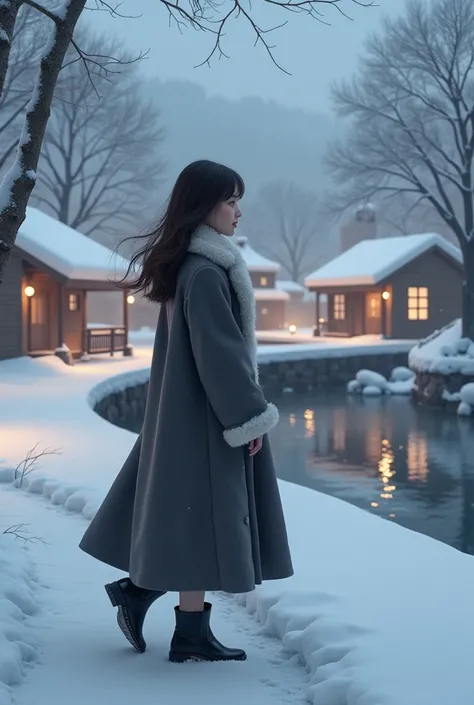  A young girl walks along the waterfront of a small provincial town in winter.  She wears a graphite mink coat ,  emphasizing her elegance .  Her hair is slightly blown by the cold winter wind .  Snow-covered trees all around , Simple, Cozy houses,  lanter...