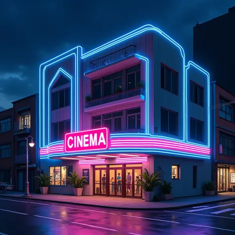 Cinema，Exterior view ，Building close-up，night， neon lights ，CinemaExterior view ， anime style， HD quality 