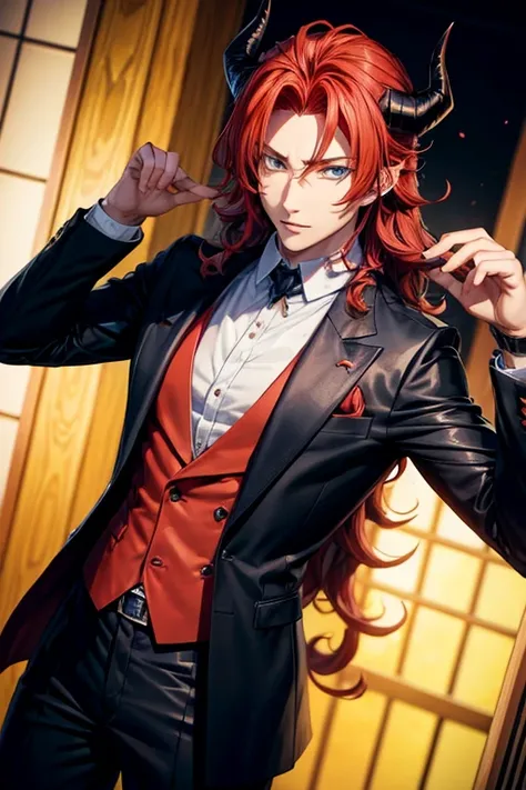 anime character with red hair and horns in a black suit, anime handsome man, beautiful  prince, tall anime guy with blue eyes, anime portrait of a handsome man, handsome japanese demon boy, handsome guy in demon slayer art, masculine prince, dapper dream d...