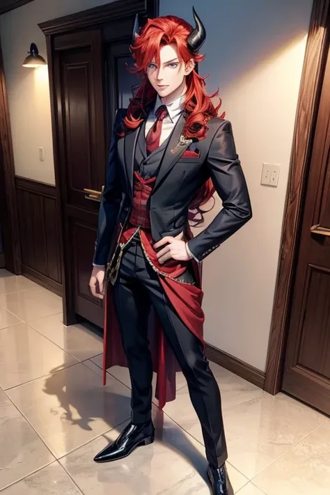 anime character with red hair and horns in a black suit, anime handsome man, beautiful  prince, tall anime guy with blue eyes, anime portrait of a handsome man, handsome japanese demon boy, handsome guy in demon slayer art, masculine prince, dapper dream d...