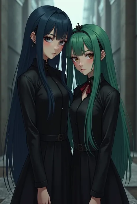 Two friends with Fair skin 1 tall, the other is slightly shorter is the one that is slightly lower with dark blue hair, a square with bangs and the other Without chubby, with long green hair, both are dressed in gothic black