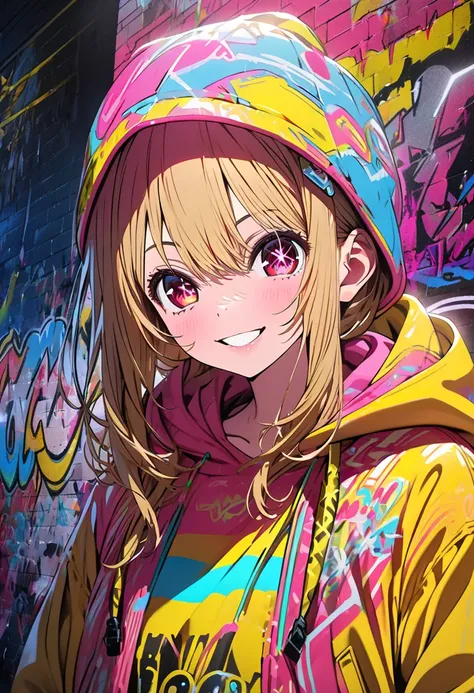 masterpiece,  best quality, 8k, detailed background, masterpiece,  best quality, smile,  ornament with yam,  HOODIE, Portraiture, Neon Yellow, graffiti, dark, night, Shining Eyes,  black light,Hoshino Ruby