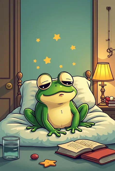 Illustration comic book style frog preparing to go to sleep 
 
