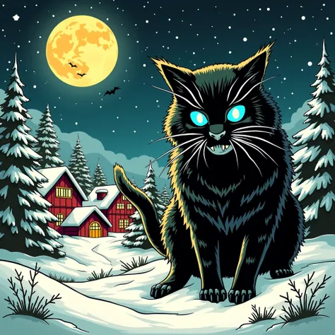 black background,rustic,comic style vibrant pop art featuring a giant fierce black Yule Cat with glowing blue eyes sitting on dominantly in the foreground of a snowy winter village.Add the phrase Beware the Jólakötturinn in large rough drip font with color...