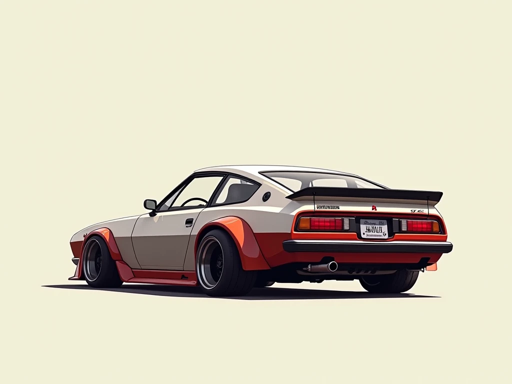 could you generate an image, that could be used as a background/wallpaper of a retro jdm car, preferable looking like a mitsubishi gto, with a predominantly offwhite background color, and looks realistic, but dont have any intense light that looks like a g...