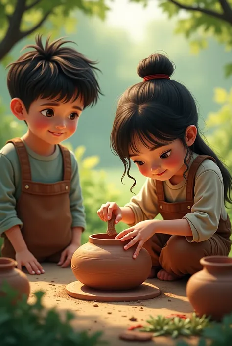 One day a young boy saw a young girl making an earthen pot from a distance.