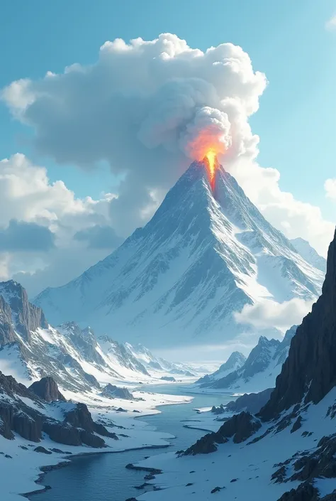 There should be a tall volcano with snow capped peak behind the mountain,erupting