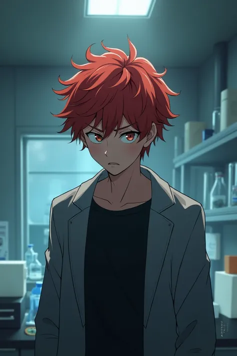 Anime guy with curly red hair wearing black shirt sad at the laboratory