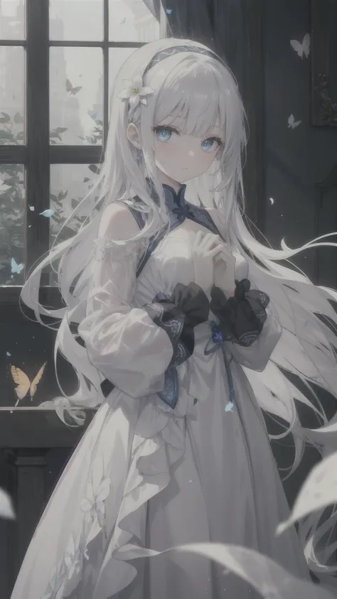  Her long hair cascades down like a silver waterfall ， She is wearing a flowing white wide-sleeved dress 。 Her blue eyes look directly at the audience ，With a hint of curiosity on her face 。 on her hair band Decorated with a delicate flower ， The white pet...