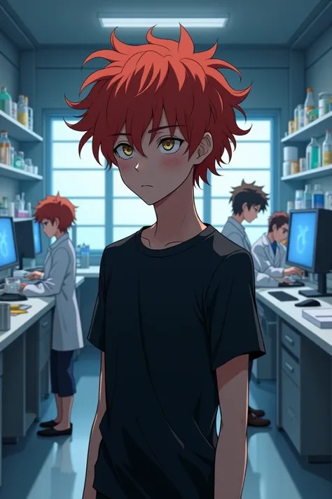 Anime guy with curly red hair wearing black shirt sad at the laboratory with many friends