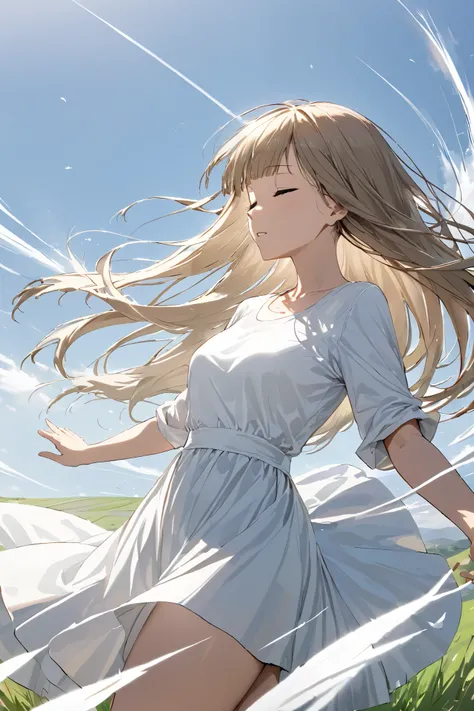 from side ,Wind effect lines, wind depiction,A woman in a white one-piece dress on a hill with a view of the countryside, hands outstretched wide, wind blowing all over her body, eyes closed, calm expression, skirt spreading in the wind, ,Beautiful thighs,...