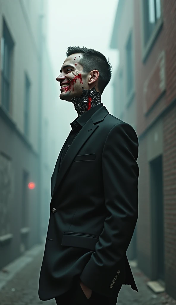 A surreal depiction of a modern man in a blood-stained black suit, his face partially robotic with visible metallic features beneath torn skin. Glowing lesions trace a path down his neck, each one telling a story of pain and transformation. He stands alone...