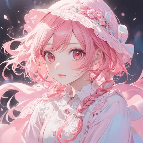  one woman,pastel, Pink Hair,red eyes,