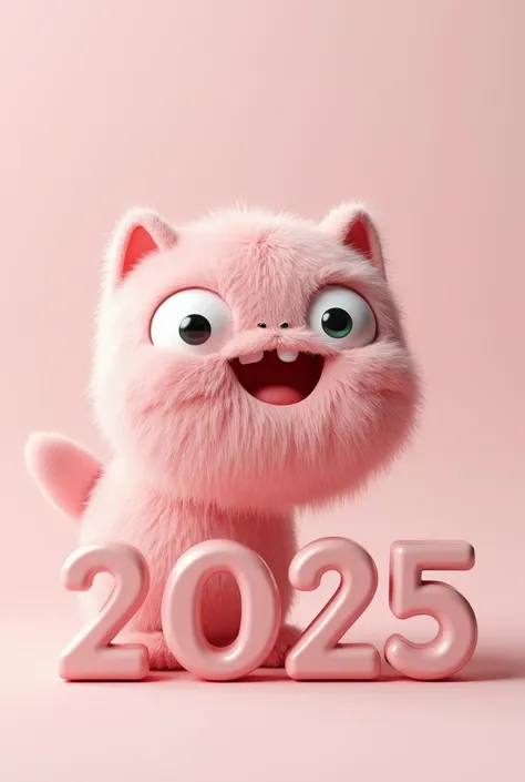 3d monster mascot letter "P" with pink fur looks very realistic and cute and 3d create "2025" happy new year typography design is very elegant, premium and beautiful.