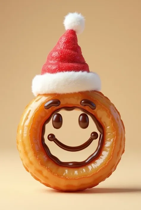 Create me a churro in circle shape with a smiley face and santa hat

