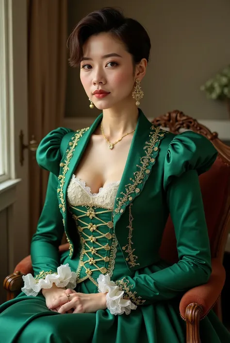 A Korean man in ladies victorian dresses, he is crossdresser, big breasts like a woman, slender female body, His hairstyle is short and manly, long sleeves, green, rococo dress, silk, satin, Rich lace and frills, Cute bolero jacket, full body shot, sit qui...