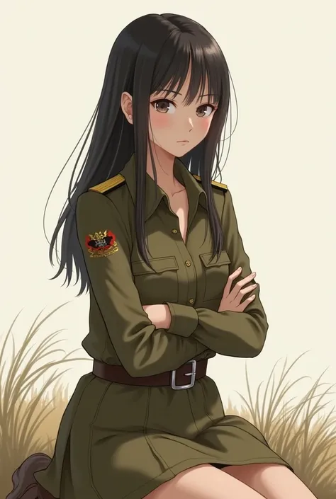 Young 20 years old Korean female long straight hair with bang wear long sleeved button shirts Khaki brown colour Skirts khaki colour with belt and has insignia military on shoulder She sit on ground with her arms crossed Unbottoned collar