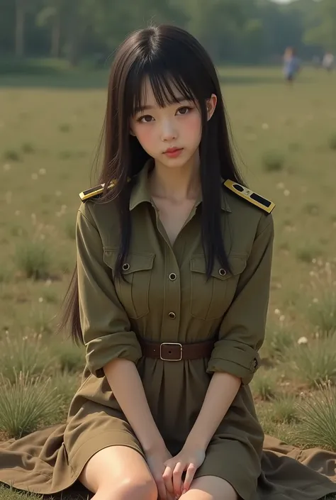 Young 20 years old Korean female long straight hair with bang wear long sleeved button shirts Khaki brown colour Skirts khaki colour with belt and has insignia military on shoulder She sit on ground with her arms crossed Unbottoned collar rolled up her sle...