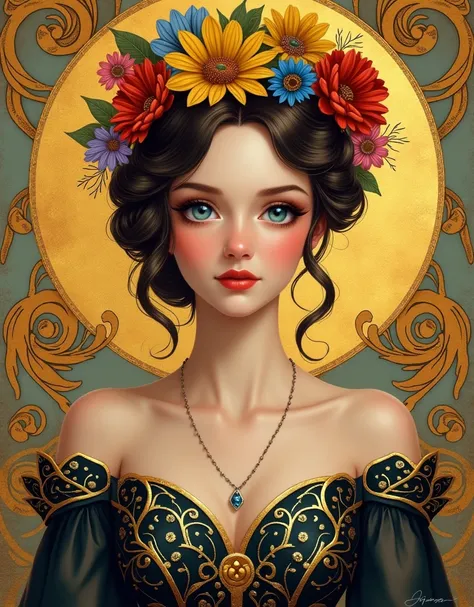 Create a portrait of a beautiful woman in a stylized, art nouveau-inspired design. She has fair skin, bright blue eyes, and softly flushed cheeks. Her hair is styled in an elegant updo adorned with vibrant, detailed flowers in shades of red, yellow, and bl...