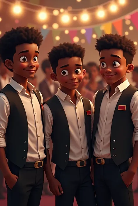 Boys with ebony skin ,  dressed in black fabric pants , chemise blanche et un gilet,  smiling at a party where they are protocols