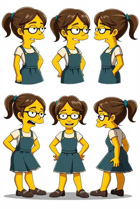 american cartoon style, young woman, the simpson drawing style, 20 year old girl, hotel employee, glasses, main character, various angles, anatomy, character design 