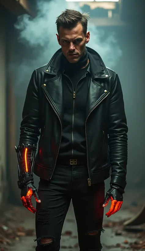 A dangerous, modern husband dressed in a dark leather jacket and ripped black jeans, standing in a smoky, dilapidated room. His hands are bloodied, and his cybernetic arm glows faintly with lines of fiery orange. His face is a mix of flesh and machinery, w...